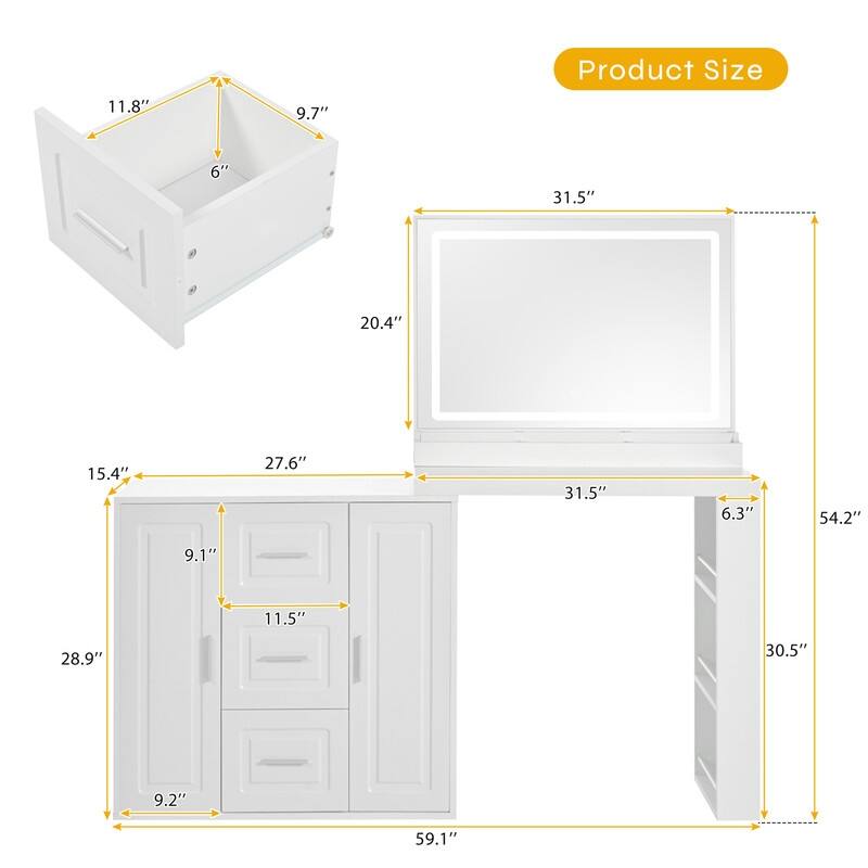 59" White LED Makeup Vanity Desk with Mirror, 3 Drawers & 2 Cabinets, Storage Shelves for Bedroom