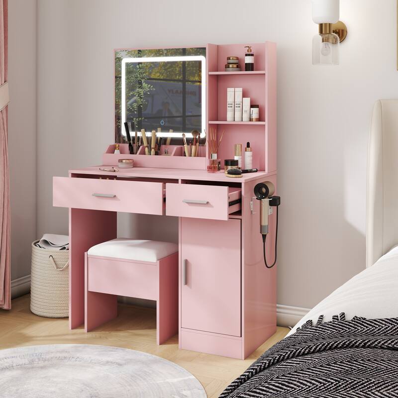 2-Piece Vanity Set with Upholstered Stool, Makeup Vanity Desk with LED Light Mirror and Charging Station