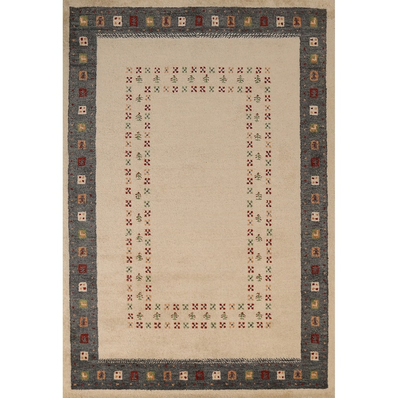 Geometric Beige Gabbeh Area Rug Hand-Tufted Wool Carpet - 5'3" x 7'7"