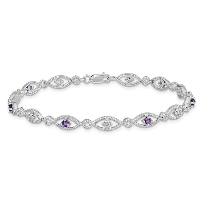Curata 925 Sterling Silver 7" 4mm Amethyst or Citrine with Diamond Eye Bracelet
