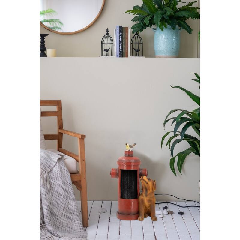 16.2x11x26.8" Red Fire Hydrant Water Fountain with Dog and Bird Accents, Outdoor Fountian with Light and Pump