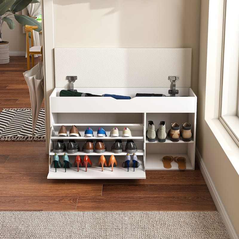 Entryway Bench with Shoe Storage,Adjustable 3-Tier Flip-Up Drawers and Hidden Cabinet