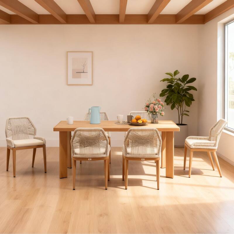 PURPLE LEAF Dining Set Patio Metal Rectangular Table and Wicker Rattan Chairs for dining/living room Modern Furniture Sets - 6+1