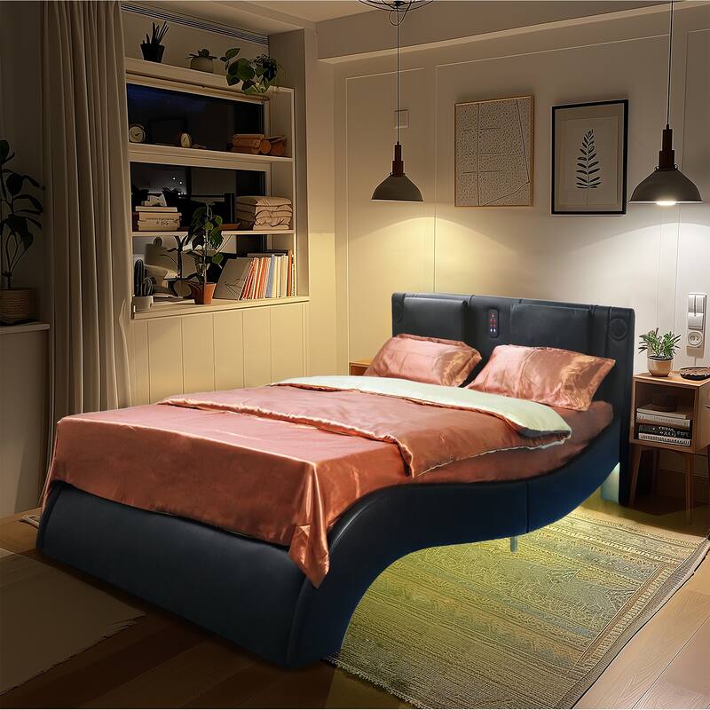 Black King Faux Leather LED Bed with Bluetooth Control, Vibration Massage, and USB Ports - King