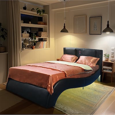Black Leather Upholstered King Platform Bed with LED Lights, Bluetooth Music, and Massage Function