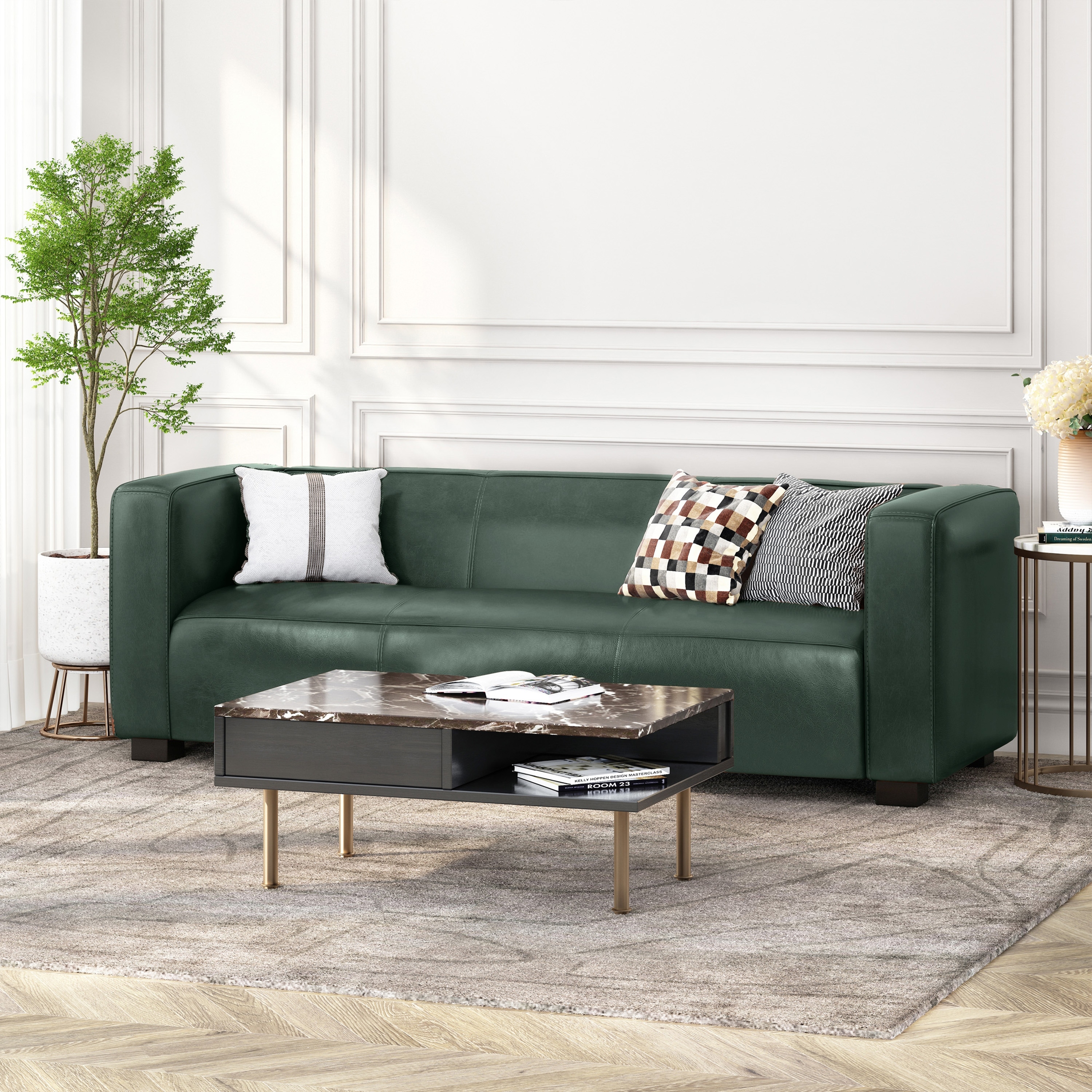 Upholstered Leather Sofa Living Room Settee Couch with Wood Legs, 3-Seater Sofa Couch with Square Armrests