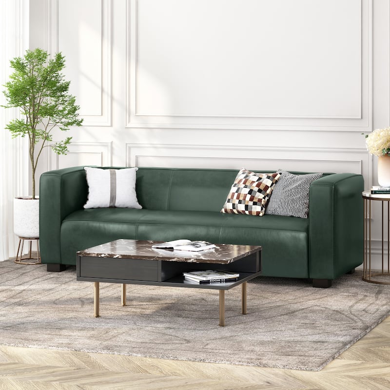 Upholstered Leather Sofa Living Room Settee Couch with Wood Legs, 3-Seater Sofa Couch with Square Armrests - Green