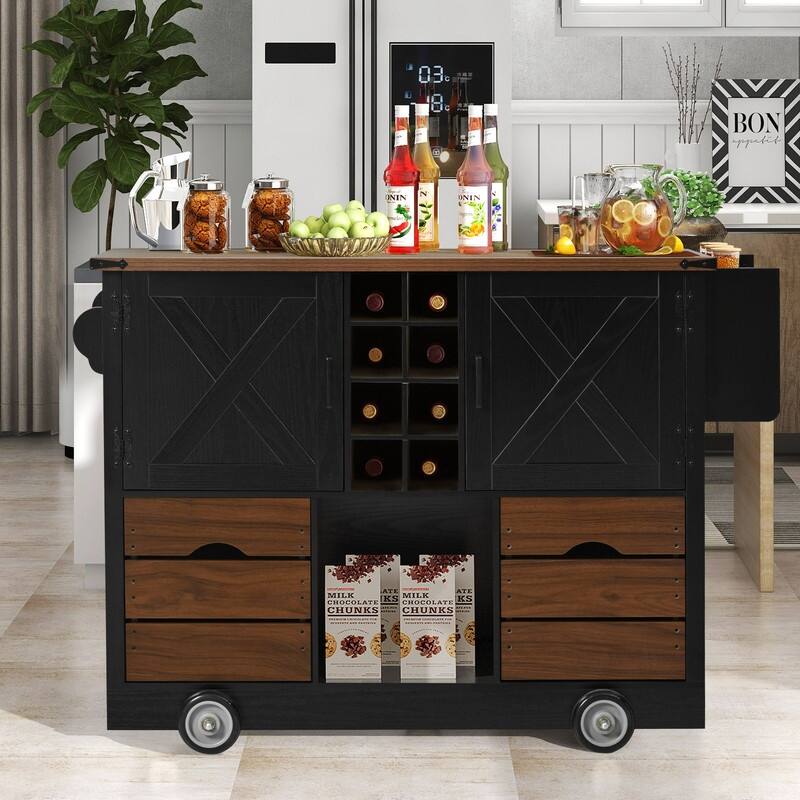 Farmhouse 54" Kitchen Island Cart with Drop Leaf Power Outlet, Rolling Kitchen Island on 4 Large Wheels with Spice Rack - Black