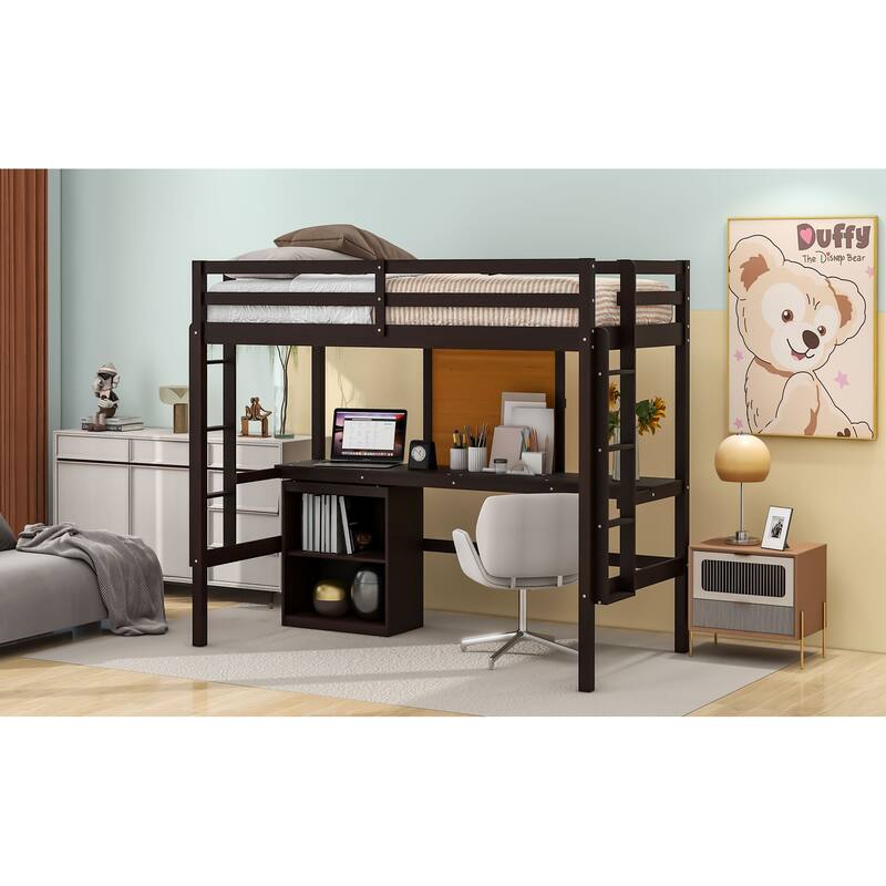 Space-Saving Twin Loft Bed with Desk, Writing Board, and Storage