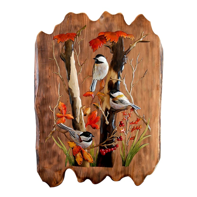 Chickadees Hand Crafted Intarsia Wood Art Wall Hanging 17 X 21 X 2