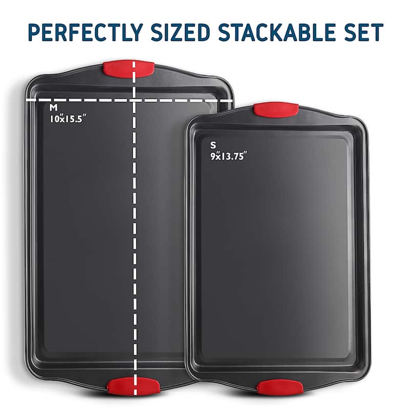 JoyTable Nonstick Steel Baking Sheet - 2PC Cookie Sheet Set with Silicone Handles - Black BPA Free Baking Pan for Oven