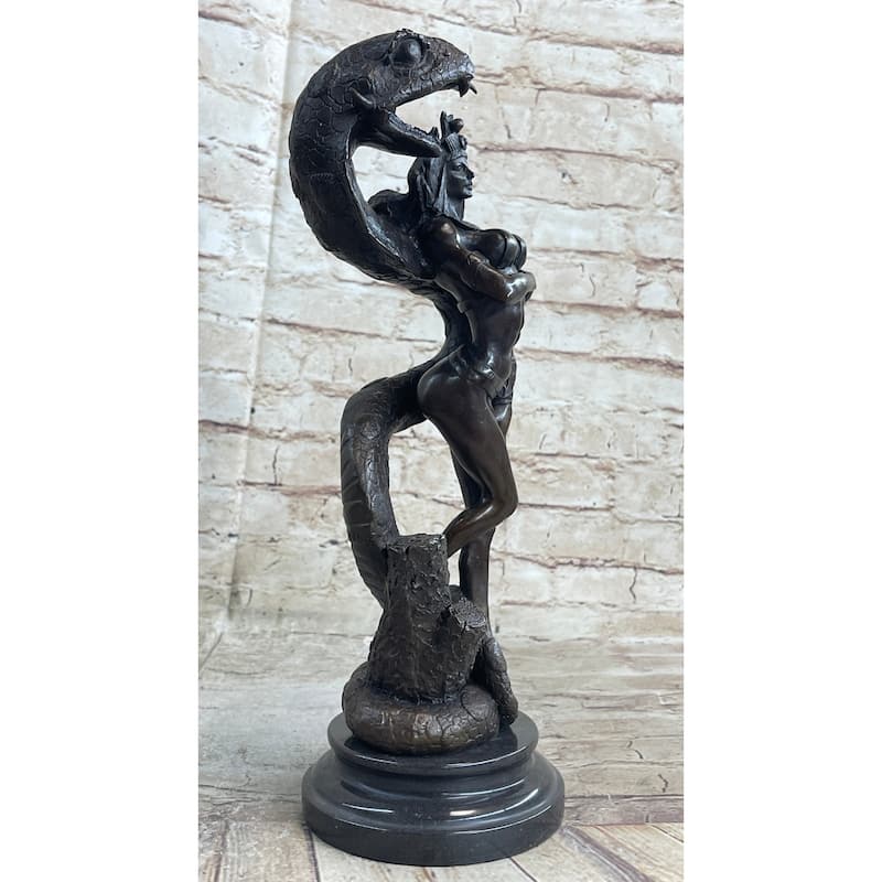 Muscular Woman In Egyptian Headdress W/ Cobra Imitative Snake Fantasy Figure Bronze Sculpture