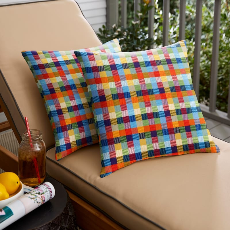 Sorra Home Sunbrella Multi-Colored Check Indoor/Outdoor Knife Edge Square Pillows (Set of 2) - 16 in - Mixture Mirage