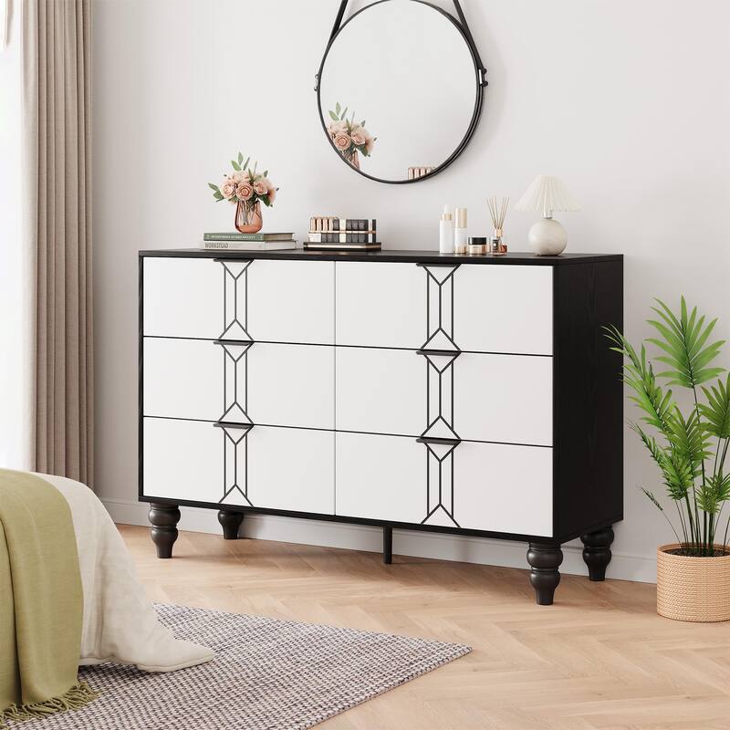 5/6 Drawer Dresser for Bedroom, Modern Wooden Chest with Deep Drawers, Storage Organizer - 6-drawer - Black and White