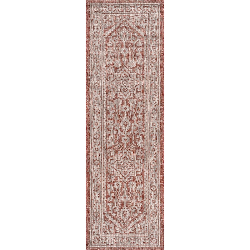 JONATHAN Y Rozetta Medallion Textured Weave Indoor/Outdoor Area Rug - 2 X 8 - Red/Taupe