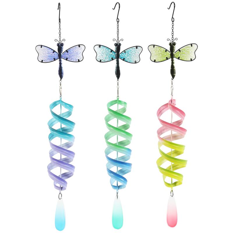 Multi Colored Metal Swirl Wind Spinner Dragonfly Windchime with Dangling Charms (Set of 2 or 3)