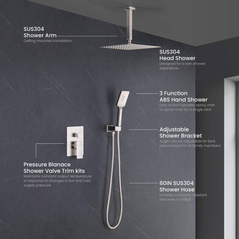 Pressure Balanced Ceiling Mounted 3-Function Shower System with Rough In Valve