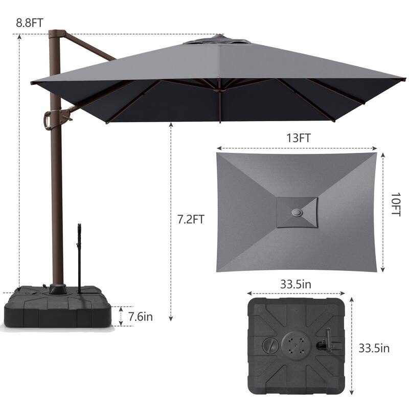 13 ft x 10 ft Outdoor Luxury Aluminum Patio Cantilever Offset Umbrella and Base with Wheels
