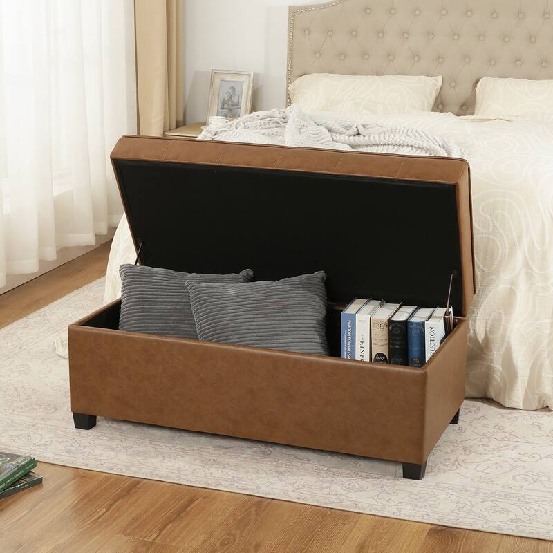 Adeco 40" Faux Leather Storage Ottoman Bench with Tufted Button - 40"X18.8"X16.5"