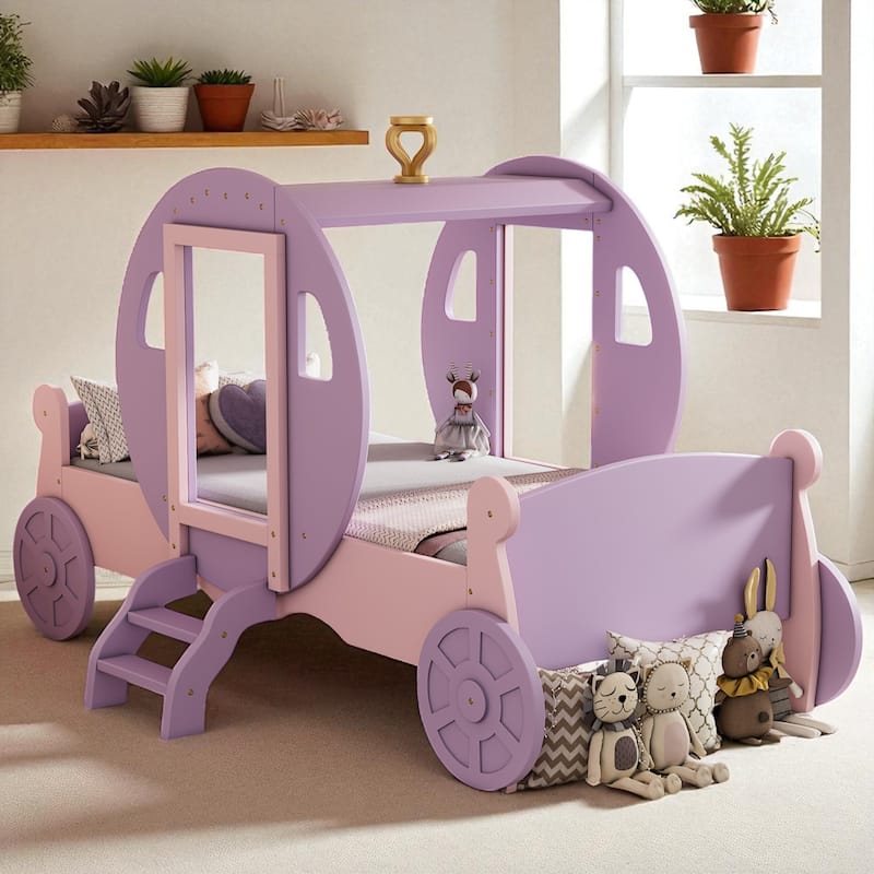 Twin Size Princess Carriage Bed with Crown and Stairs, Kids Wooden Platform Bed Frame with Slats and Fairy Tale Design - Pink - Twin