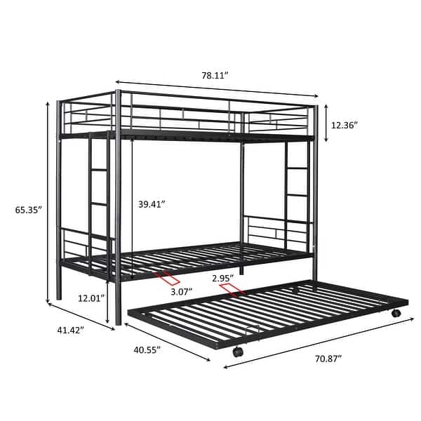 Black Twin over Twin Metal Bunk Bed with Trundle & Guardrail