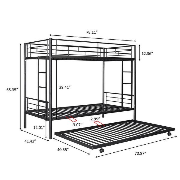 Twin over Twin Size Metal Bunk Bed with Trundle, Can Be Separated into 2 Twin Beds, Safety Guardrail, Trundle for Flexible Space