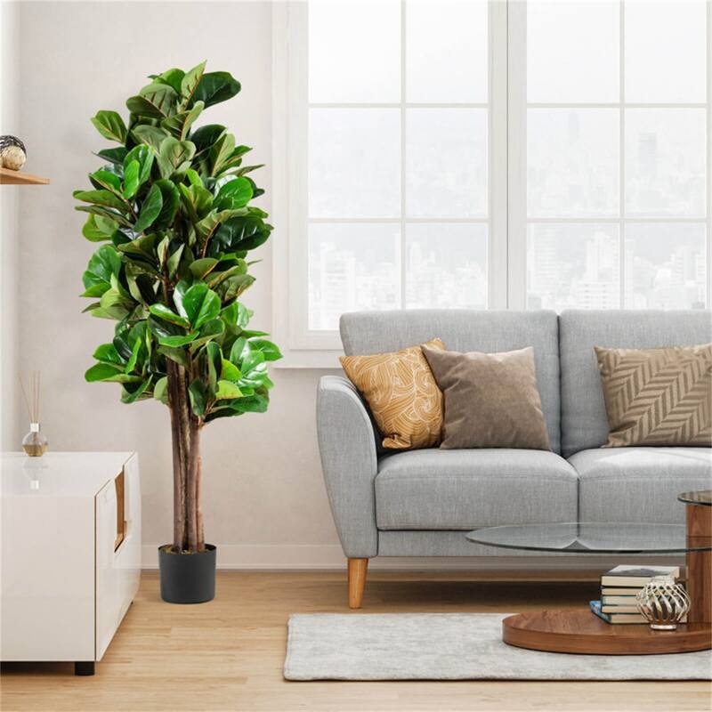 Artificial Fiddle Leaf Fig Tree 5 Feet Lifelike Indoor and Outdoor Plant with Moss Filled Pot - 6" x 5" - Green