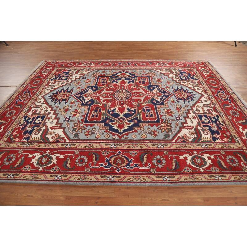Geometric Heriz Serapi Indian Area Rug Hand-Knotted Wool Carpet - 8'0" x 10'0"