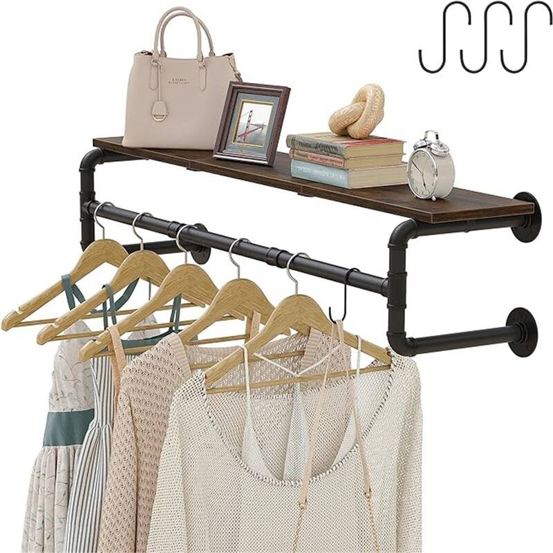 Industrial Pipe Clothes Rack with Top Shelf - 11.8"D x 43.3"W x 11.5"H - 11.8"D x 43.3"W x 11.5"H - Black