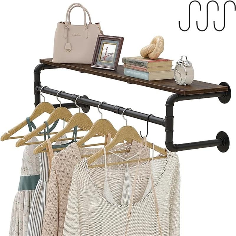 Industrial Pipe Clothes Rack with Top Shelf - 11.8"D x 43.3"W x 11.5"H