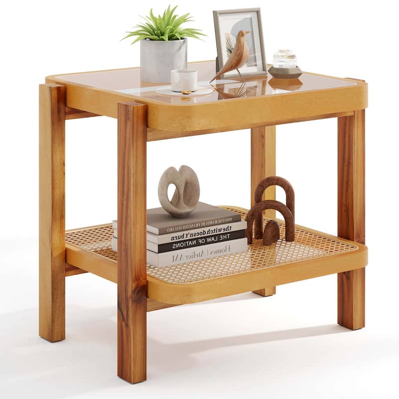 Costway 1/2 PCS End Table with Tempered Glass Top Acacia Wood Legs - 1 PCS