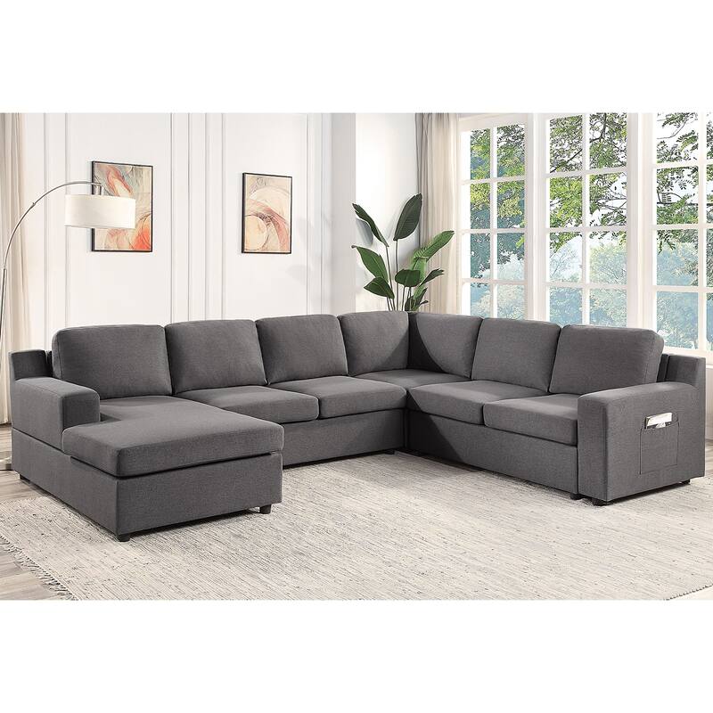 Linen 6-Seater U-Shape Sectional Sofa Chaise and Pocket in Gray
