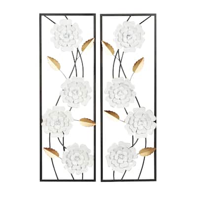 Metal Floral Dimensional Floating Home Wall Decor with Black and Gold Accents - Set of 2 White - Roche River Decor