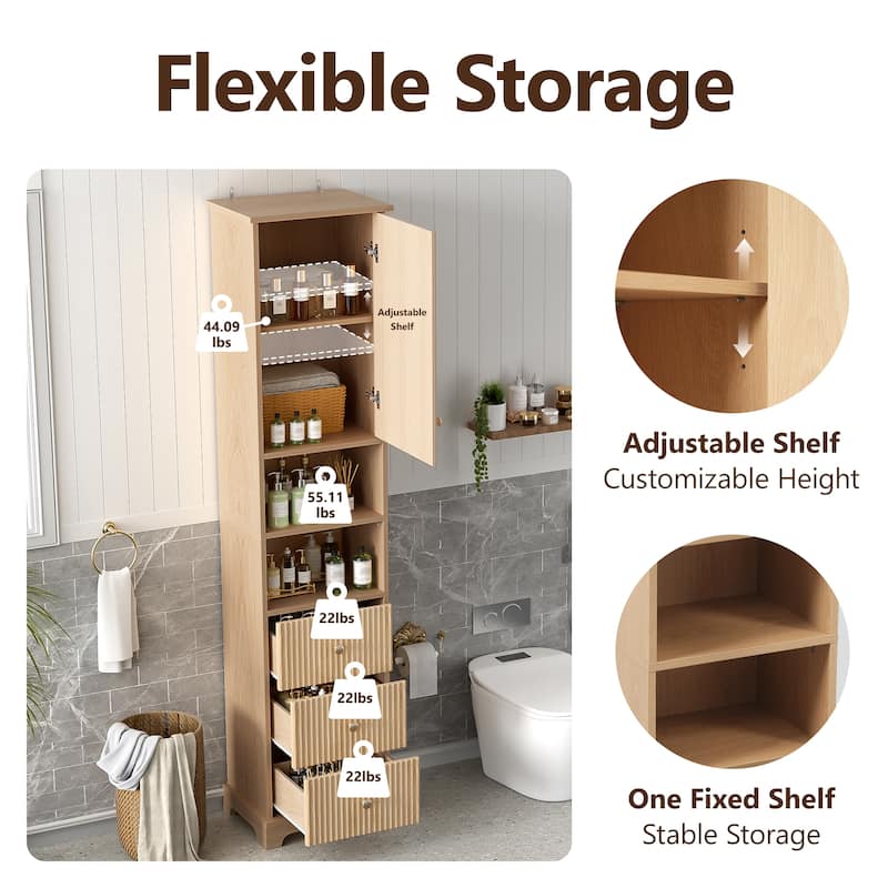 Vertical Stripe Accents Cabinet Freestanding Tall Cabinet for Bathroom with 1 Door, 3 Drawers, Open Storag and Adjustable Shelf