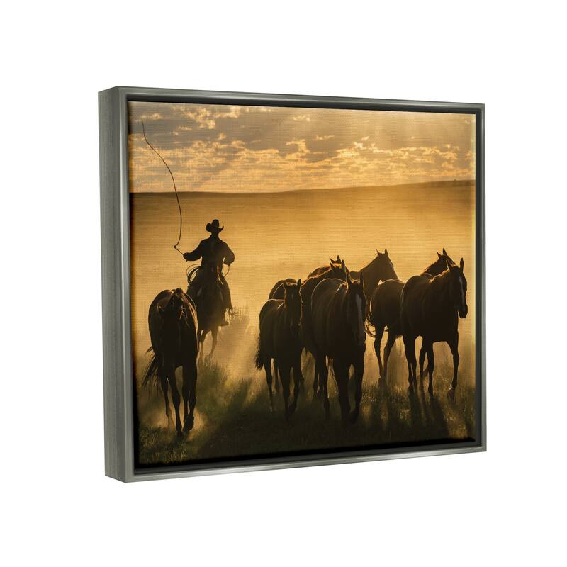 Stupell Cowboy & Horses at Sunset Framed Floater Canvas Wall Art Design by PBurchettePhoto