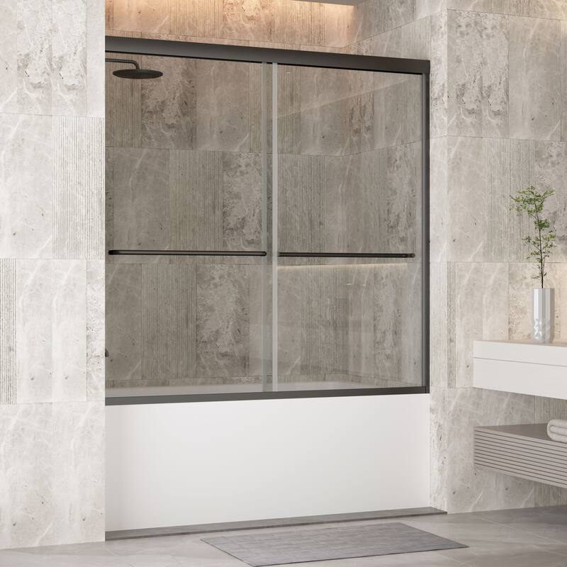 58'' H Glass Double Sliding Shower Door, Bathtub Bypass shower door in Black/Chrome - 60x58