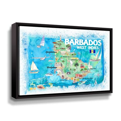 Barbados Illustrated Travl Map With Roads Gallery Wrapped Floater-framed Canvas