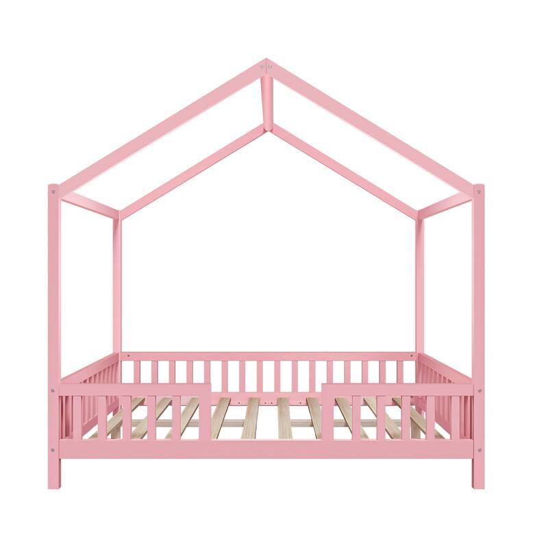 Montessori Floor Bed with Canopy, Full Bed Frame for Kids, House Shape Toddler Bed Frame with High Railings,Full