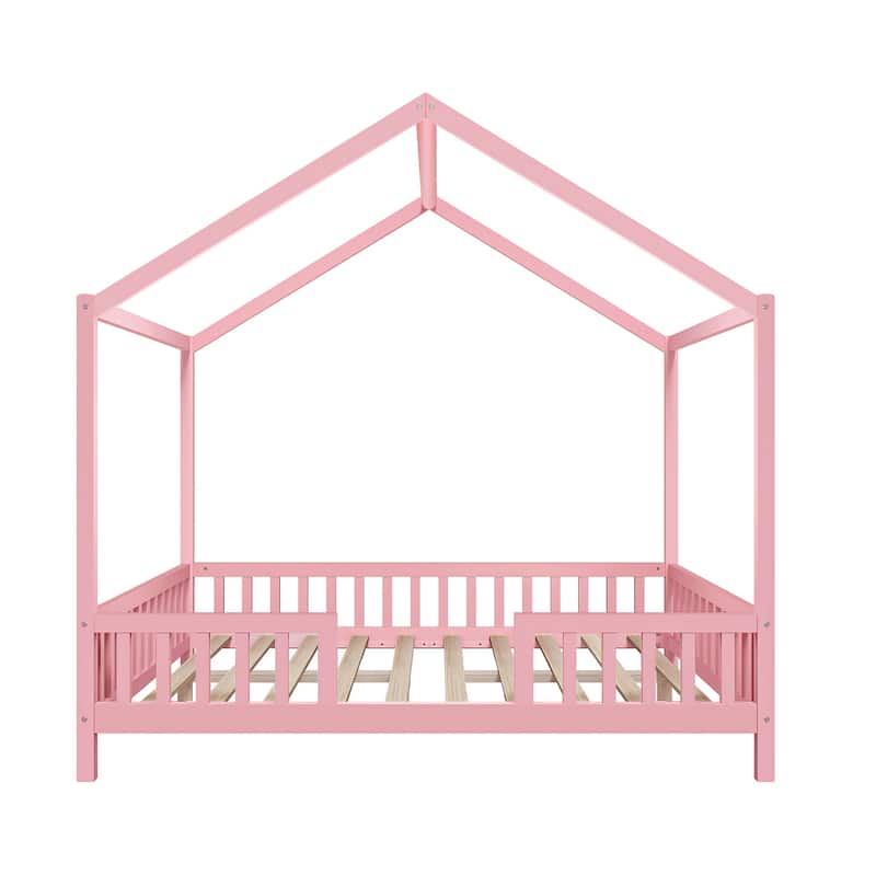 Montessori Toddler Bed Kids House Bed with Airy Canopy, Wood Bed Frame Bed Tent with 4 Full Guardrails, No Box Spring Needed