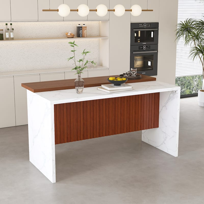 63" Modern Kitchen Island with Marble-Look Surface, LED Lights & Grille Design for Dining Room, Living Room