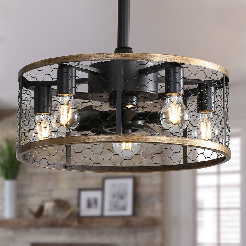 Modern Cage Style Ceiling Fan Light with Lighting and 6-Speed Adjustment, Reversible Motor for Bedroom and Lounge Area