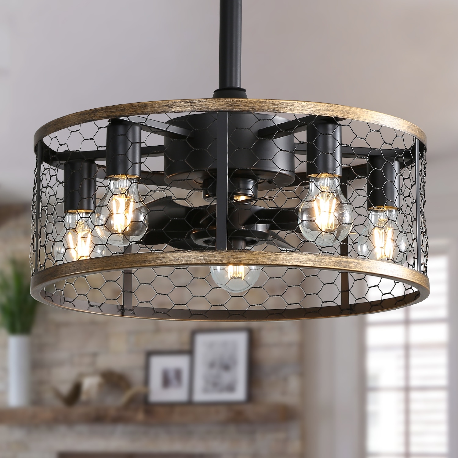 Rustic Cage Small Ceiling Fan with Light, 20 Inch Fandelier Caged