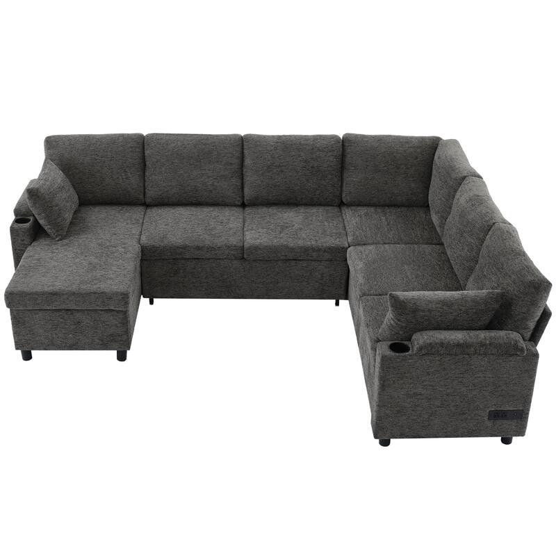 U-Shaped Chenille Sectional Sofa with Storage Chaise Lounge, Convertible Sleeper Sofa Bed with Cup Holders & Charging Ports