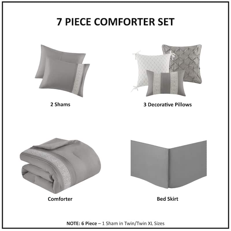 Madison Park Marla 7 Piece Lace Trim Comforter Set with Throw Pillows