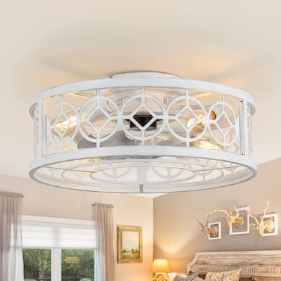 Chichoice 20" Farmhouse Distressed White Caged Ceiling Fan, Rustic Flush Mount Ceiling Fan with Remote for Bedroom - 19.5"*19.5"