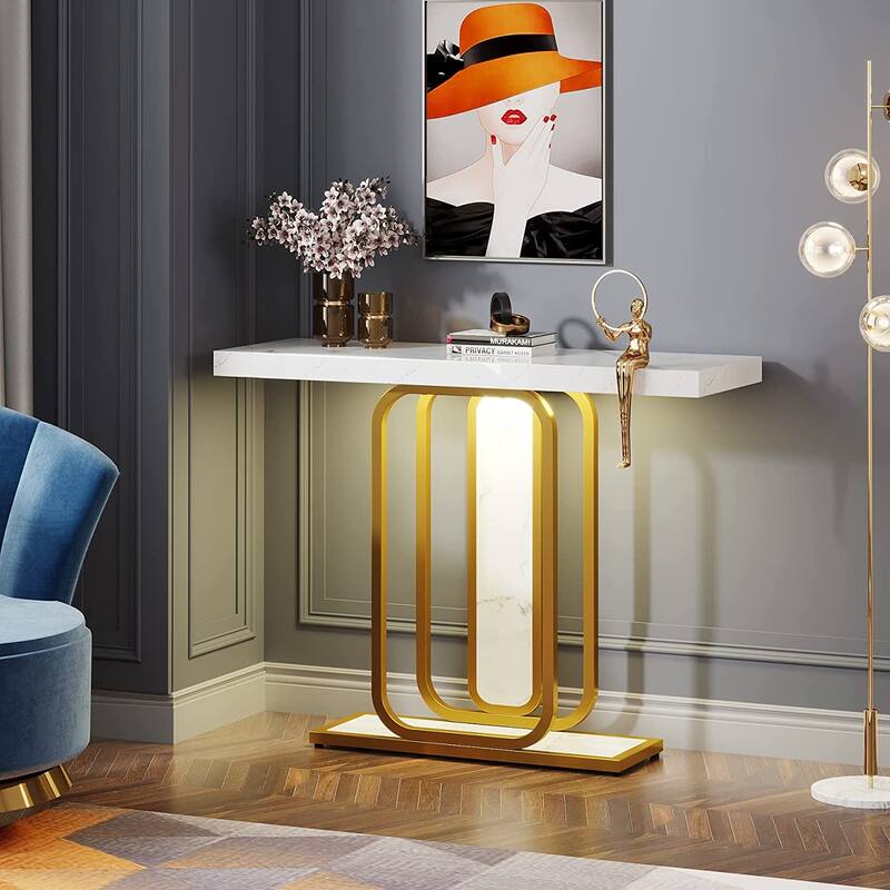 41.3" Console Table with LED Lights, Modern Gold White Entryway Hallway Accent Table