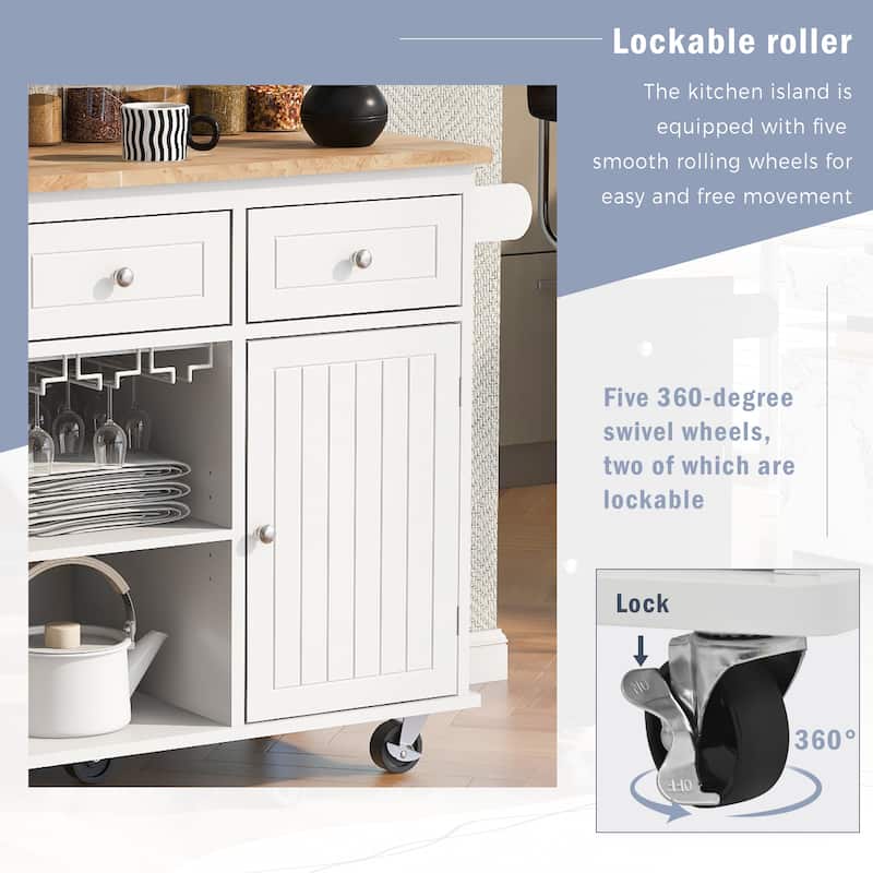 Open Rolling Kitchen Island on Wheels with Drop Leaf and Power Outlet