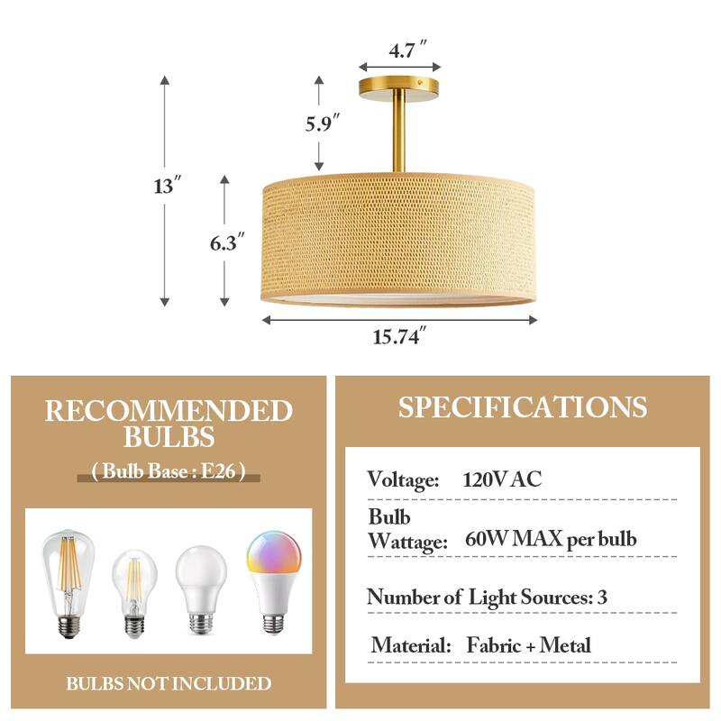 MLiAN 15.7" 3-Light Rattan or Fabric Semi-Flush Mount Ceiling Light