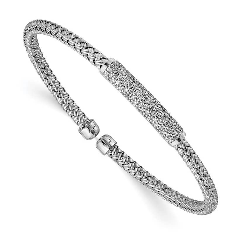 Curata 925 Sterling Silver Rhodium Cubic Zirconia Woven Flexible Cuff Stackable Bangle