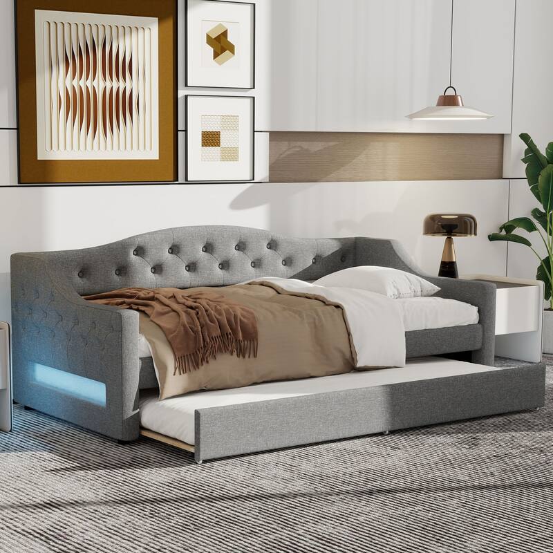 Modern Gray Twin XL Upholstered Daybed with LED Lights and Trundle